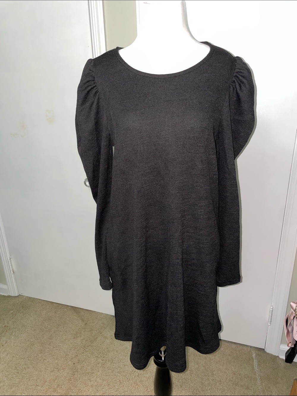 Black Puff-Sleeve Sweater Dress